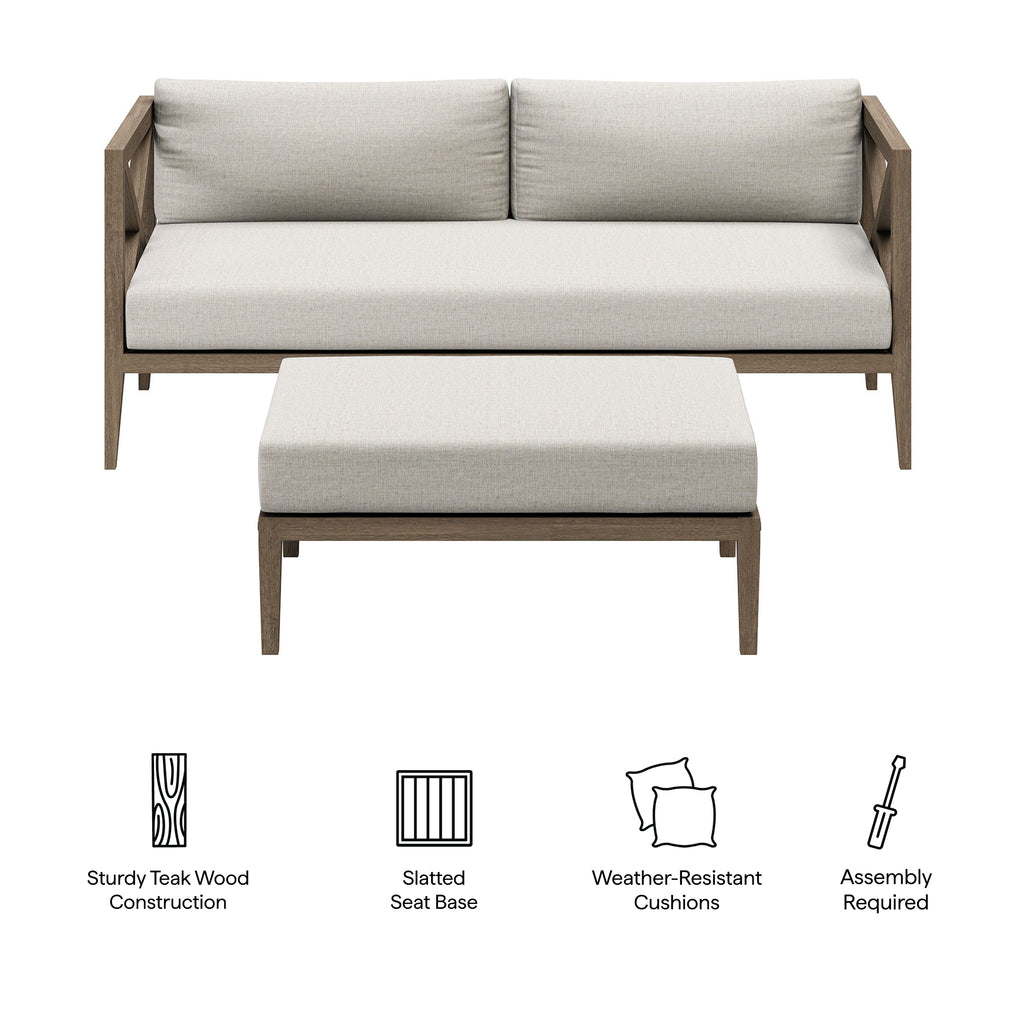 Northlake Outdoor Patio Teak Wood Loveseat and Ottoman Set - Weathered Gray Pebble