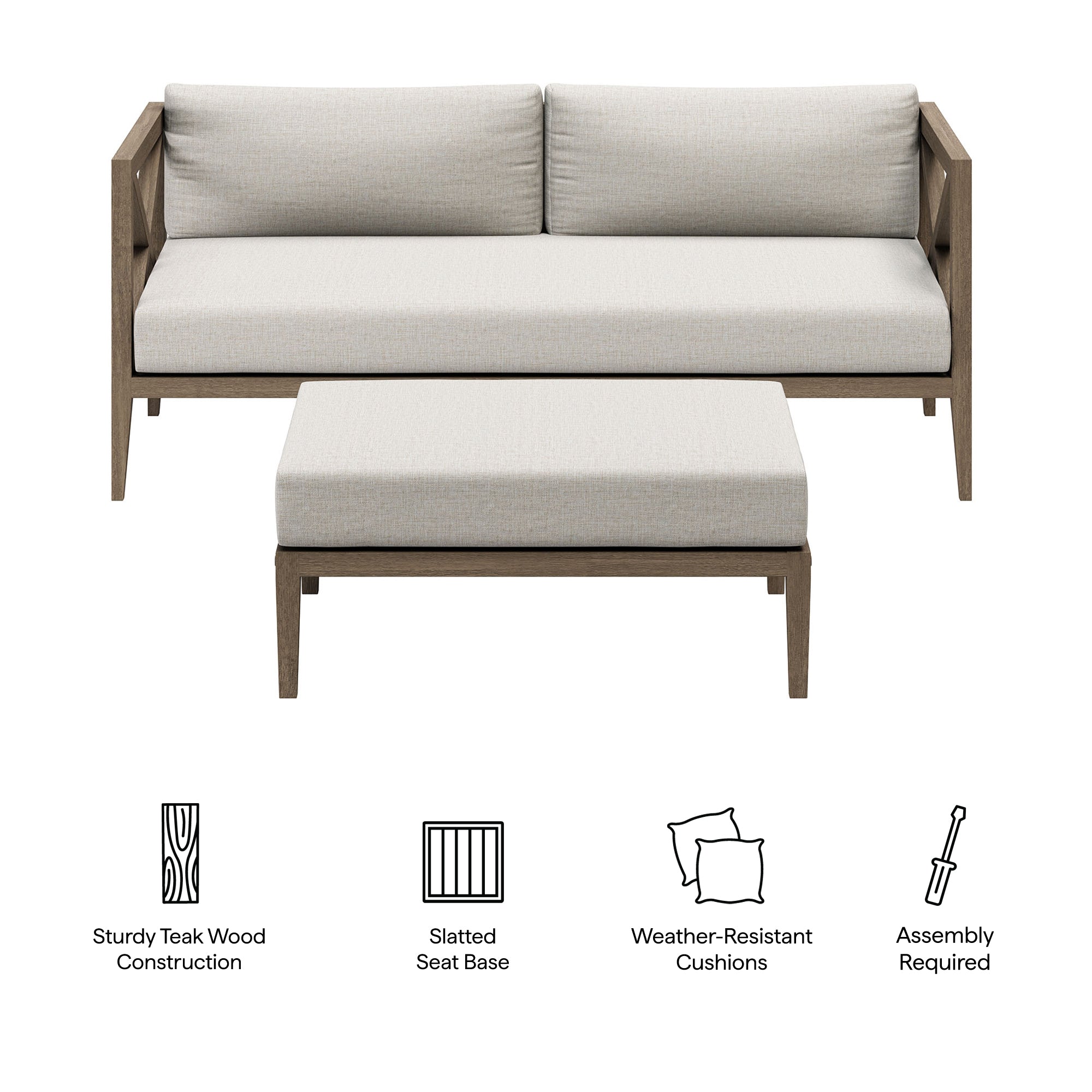 Northlake Outdoor Patio Teak Wood Loveseat and Ottoman Set - Weathered Gray Pebble