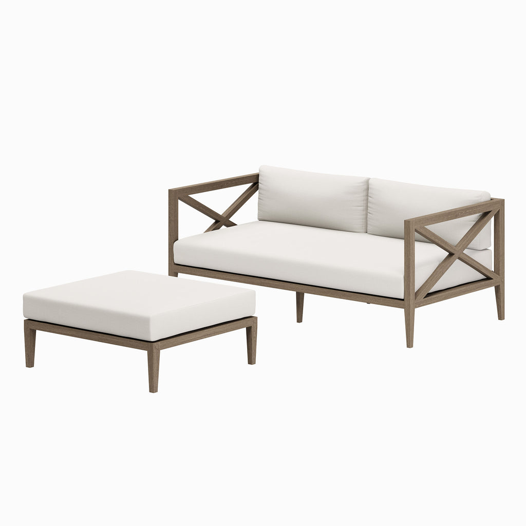 Northlake Outdoor Patio Teak Wood Loveseat and Ottoman Set - Weathered Gray White