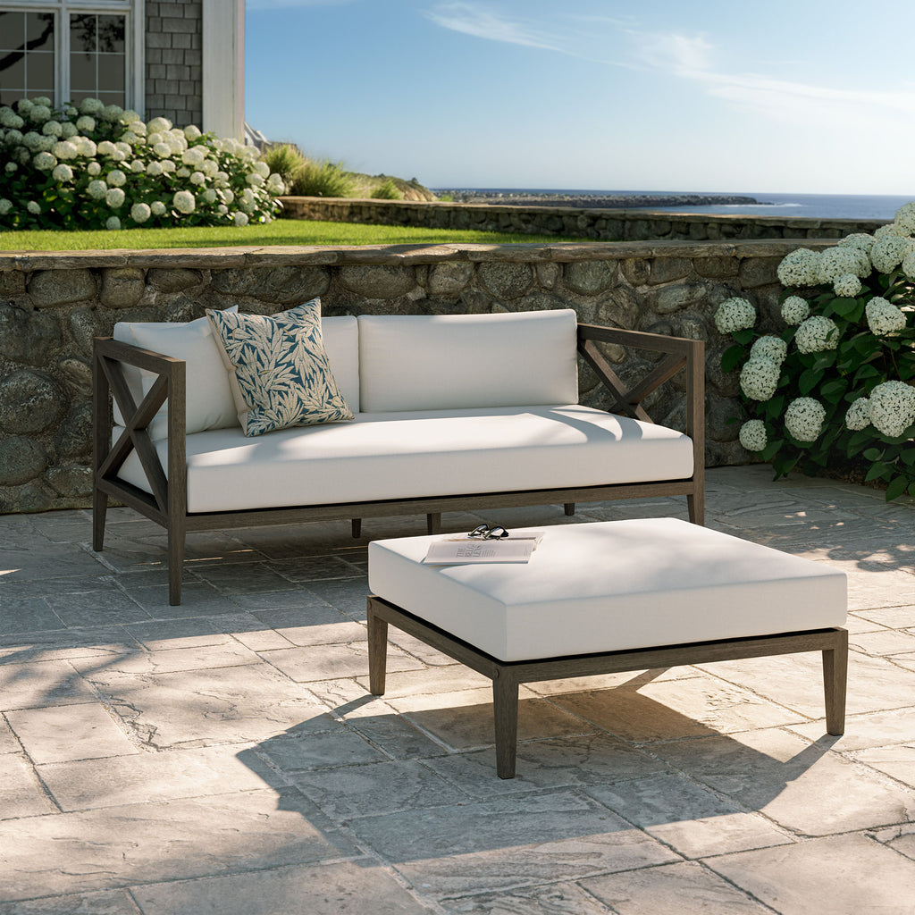 Northlake Outdoor Patio Teak Wood Loveseat and Ottoman Set - Weathered Gray White