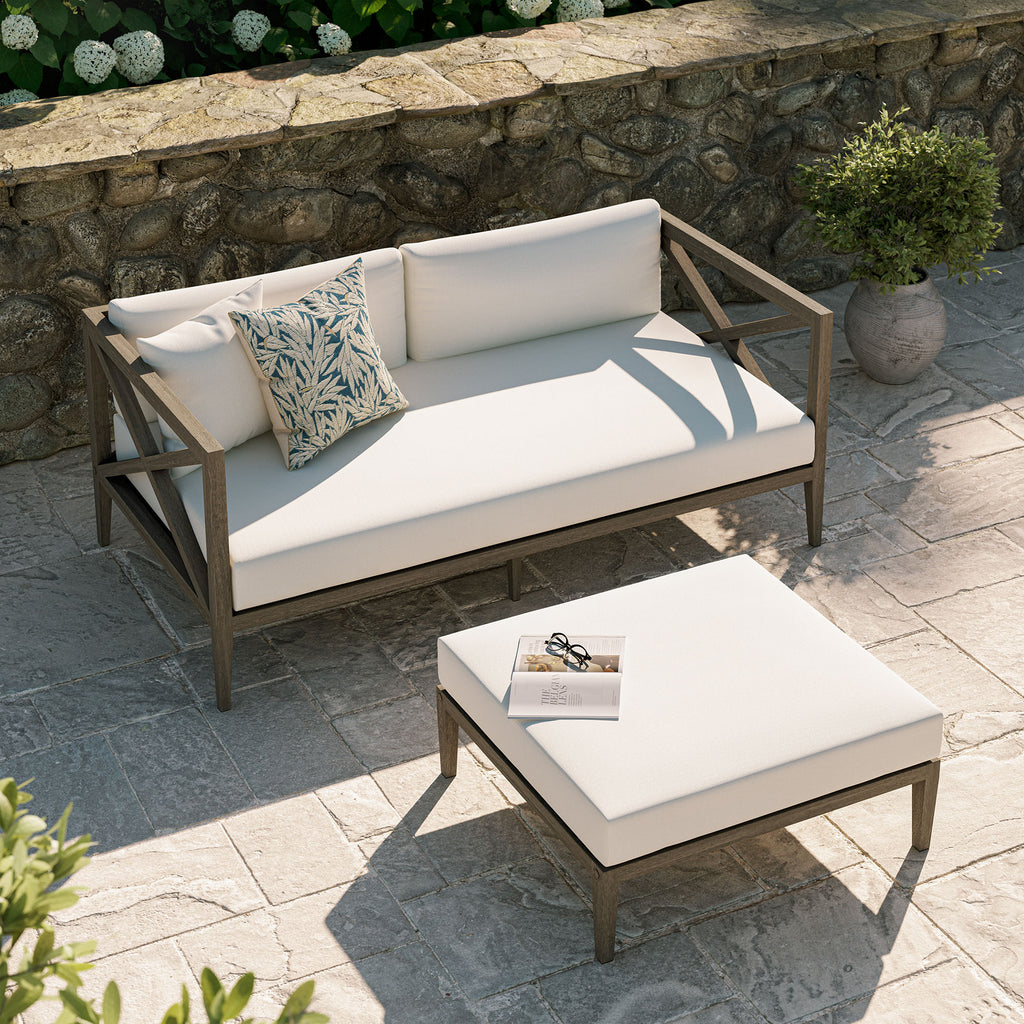 Northlake Outdoor Patio Teak Wood Loveseat and Ottoman Set - Weathered Gray White