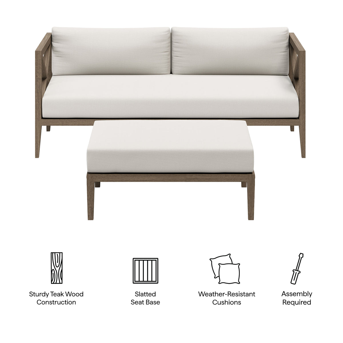 Northlake Outdoor Patio Teak Wood Loveseat and Ottoman Set - Weathered Gray White