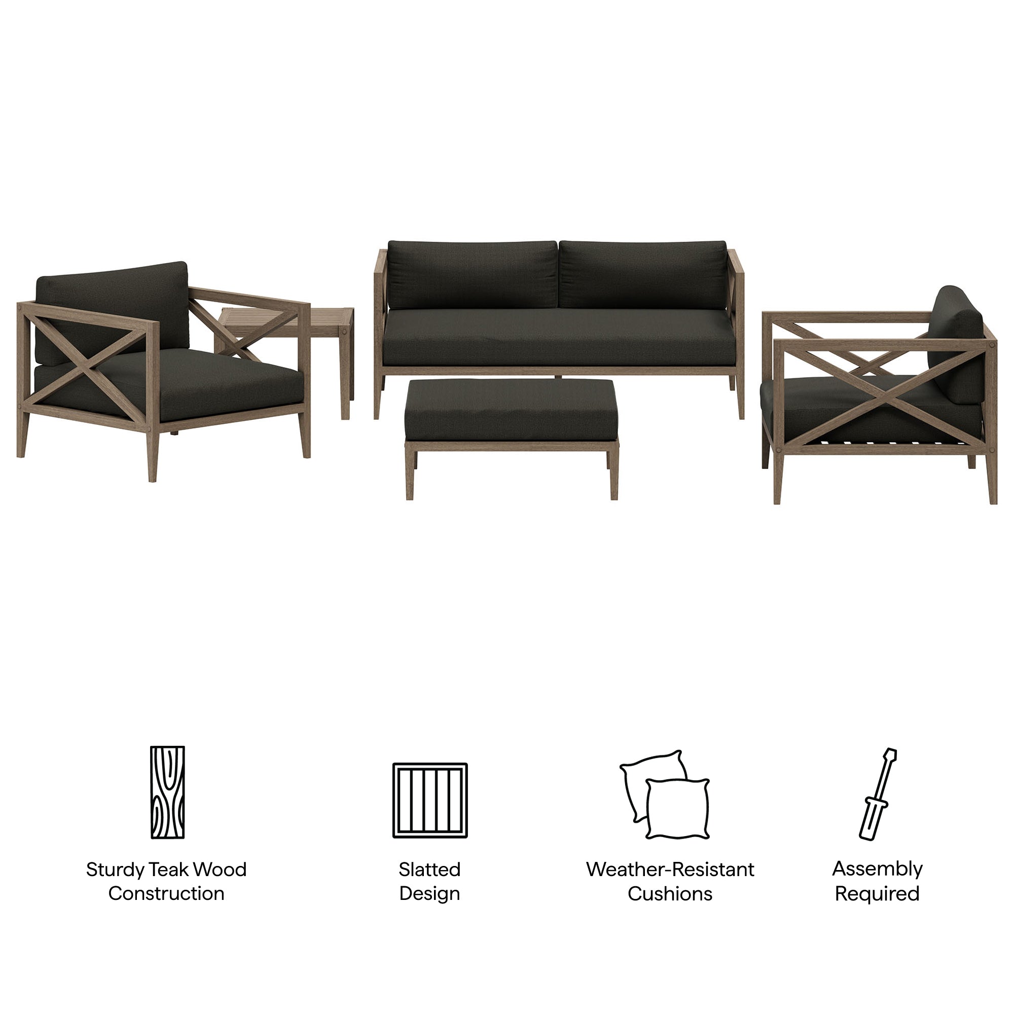 Northlake 5-Piece Outdoor Patio Teak Wood Furniture Set - Weathered Gray Flint