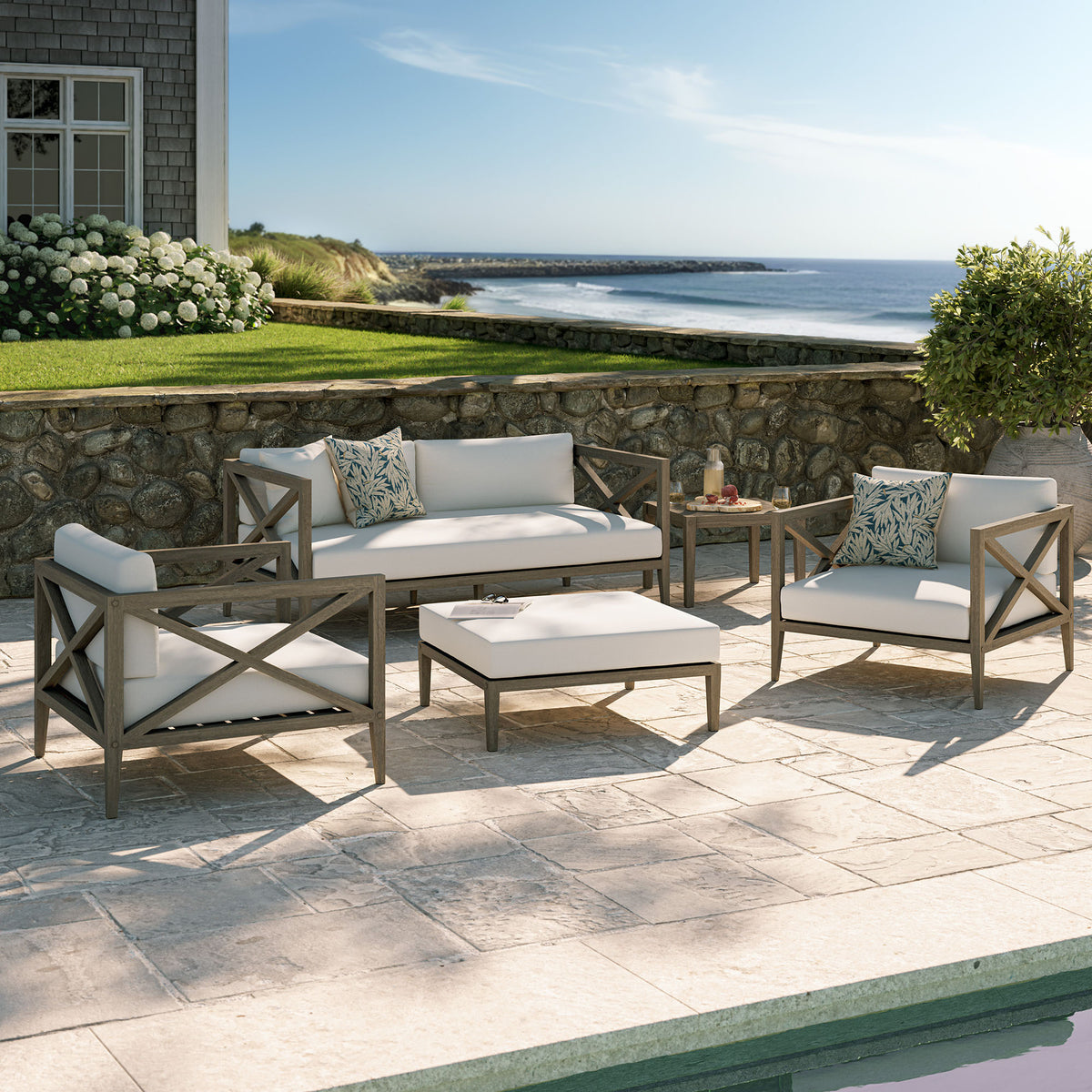 Northlake 5-Piece Outdoor Patio Teak Wood Furniture Set - Weathered Gray White