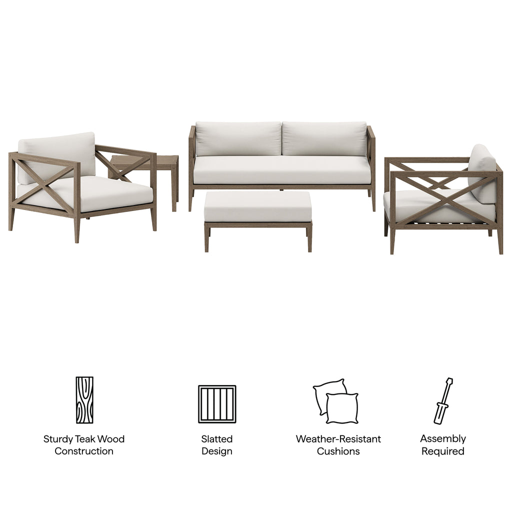 Northlake 5-Piece Outdoor Patio Teak Wood Furniture Set - Weathered Gray White