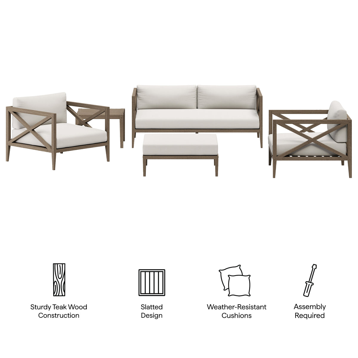 Northlake 5-Piece Outdoor Patio Teak Wood Furniture Set - Weathered Gray White