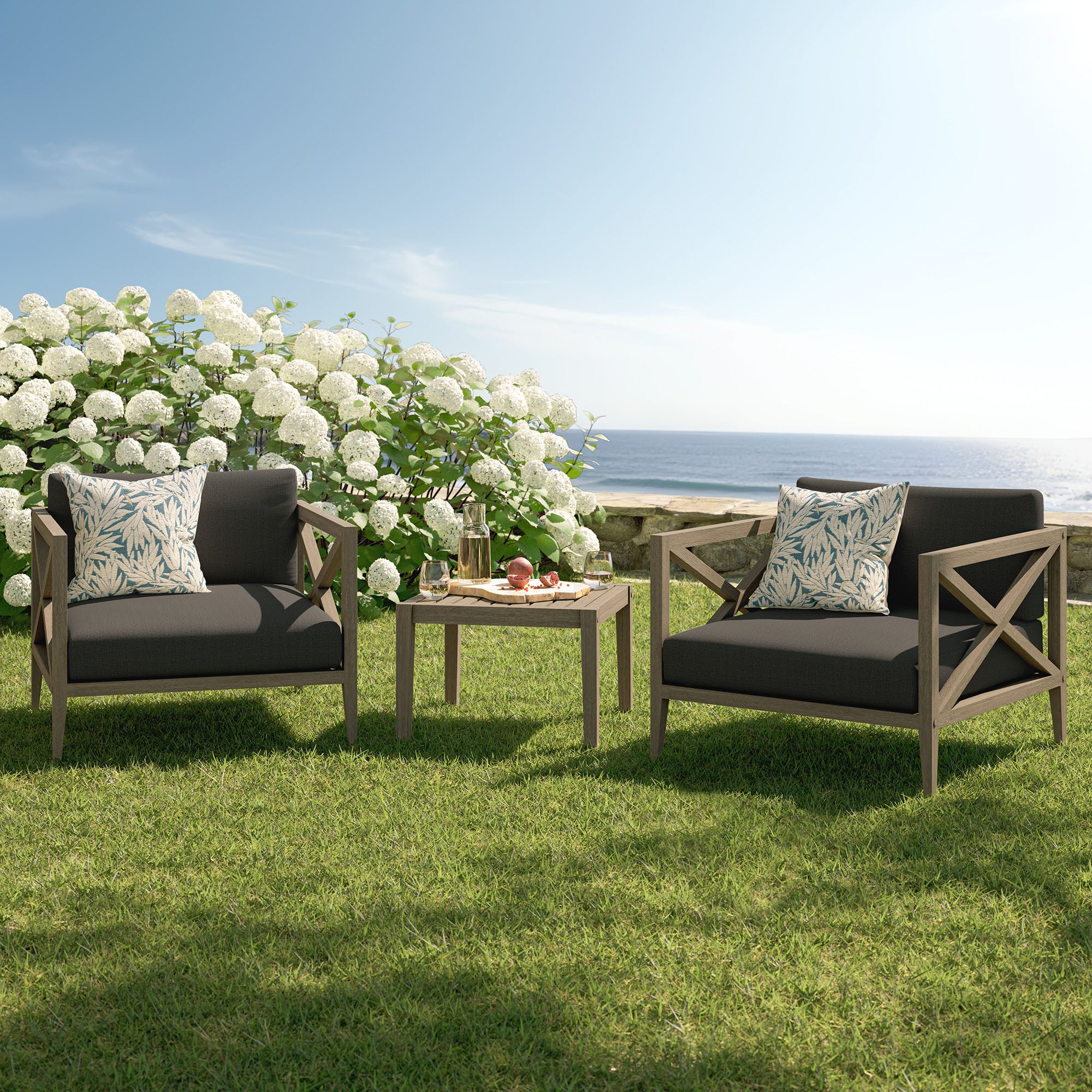 Northlake 3-Piece Outdoor Patio Teak Wood Furniture Set with Armchair and Side Table - Weathered Gray Flint