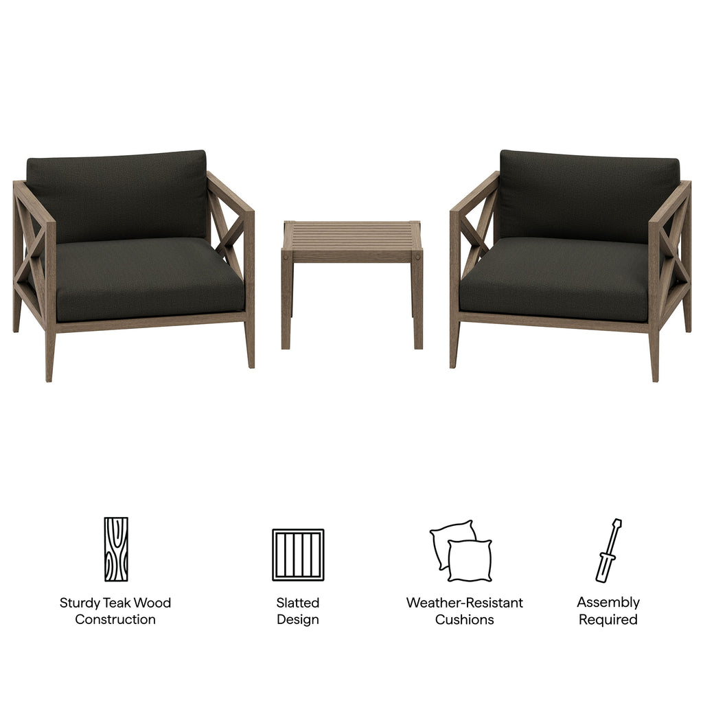 Northlake 3-Piece Outdoor Patio Teak Wood Furniture Set with Armchair and Side Table - Weathered Gray Flint