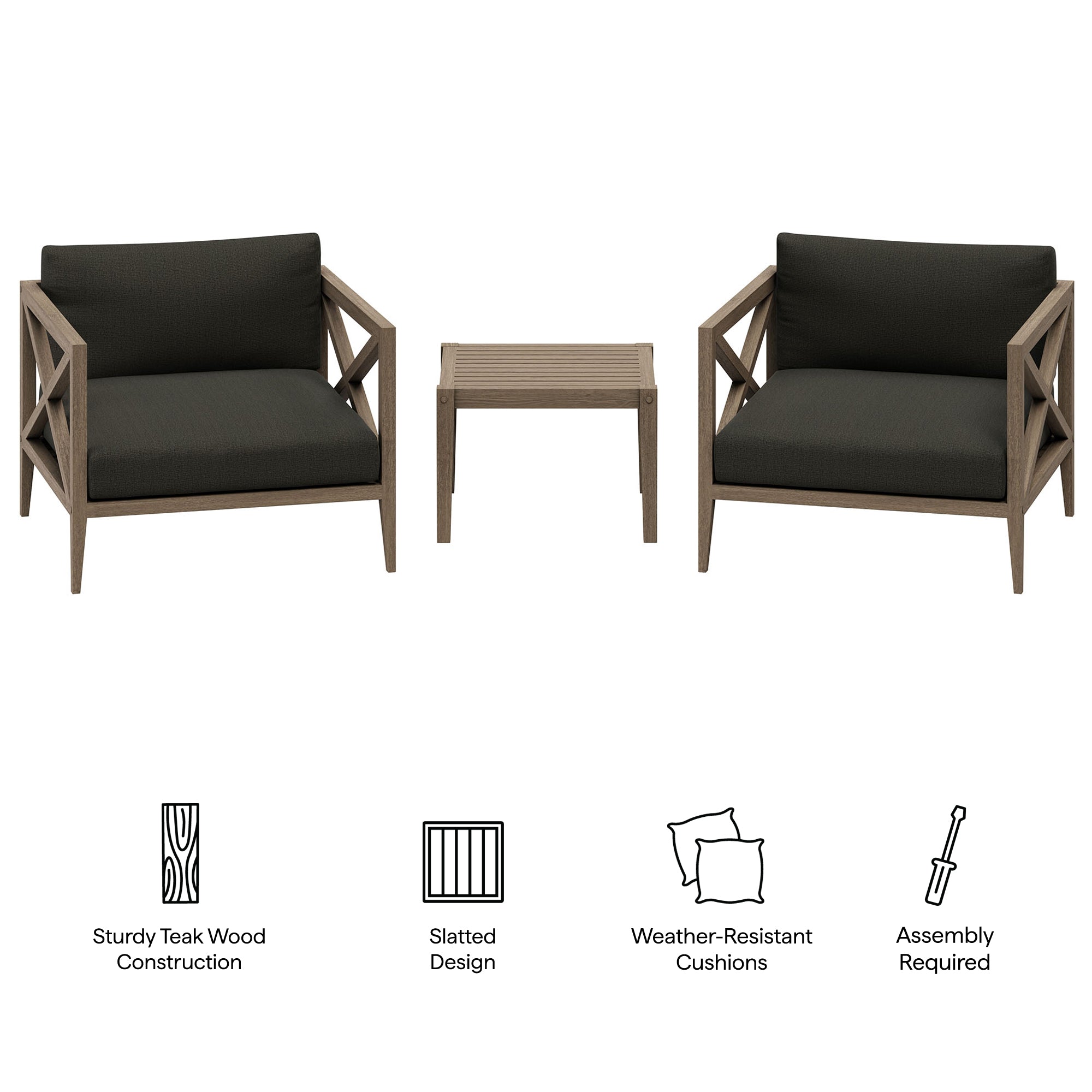 Northlake 3-Piece Outdoor Patio Teak Wood Furniture Set with Armchair and Side Table - Weathered Gray Flint