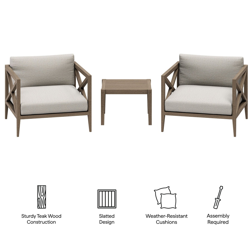 Northlake 3-Piece Outdoor Patio Teak Wood Furniture Set with Armchair and Side Table - Weathered Gray Pebble