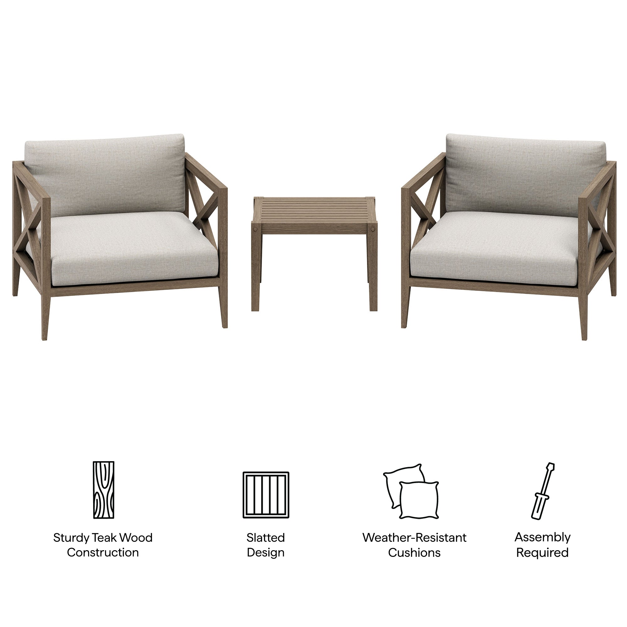 Northlake 3-Piece Outdoor Patio Teak Wood Furniture Set with Armchair and Side Table - Weathered Gray Pebble