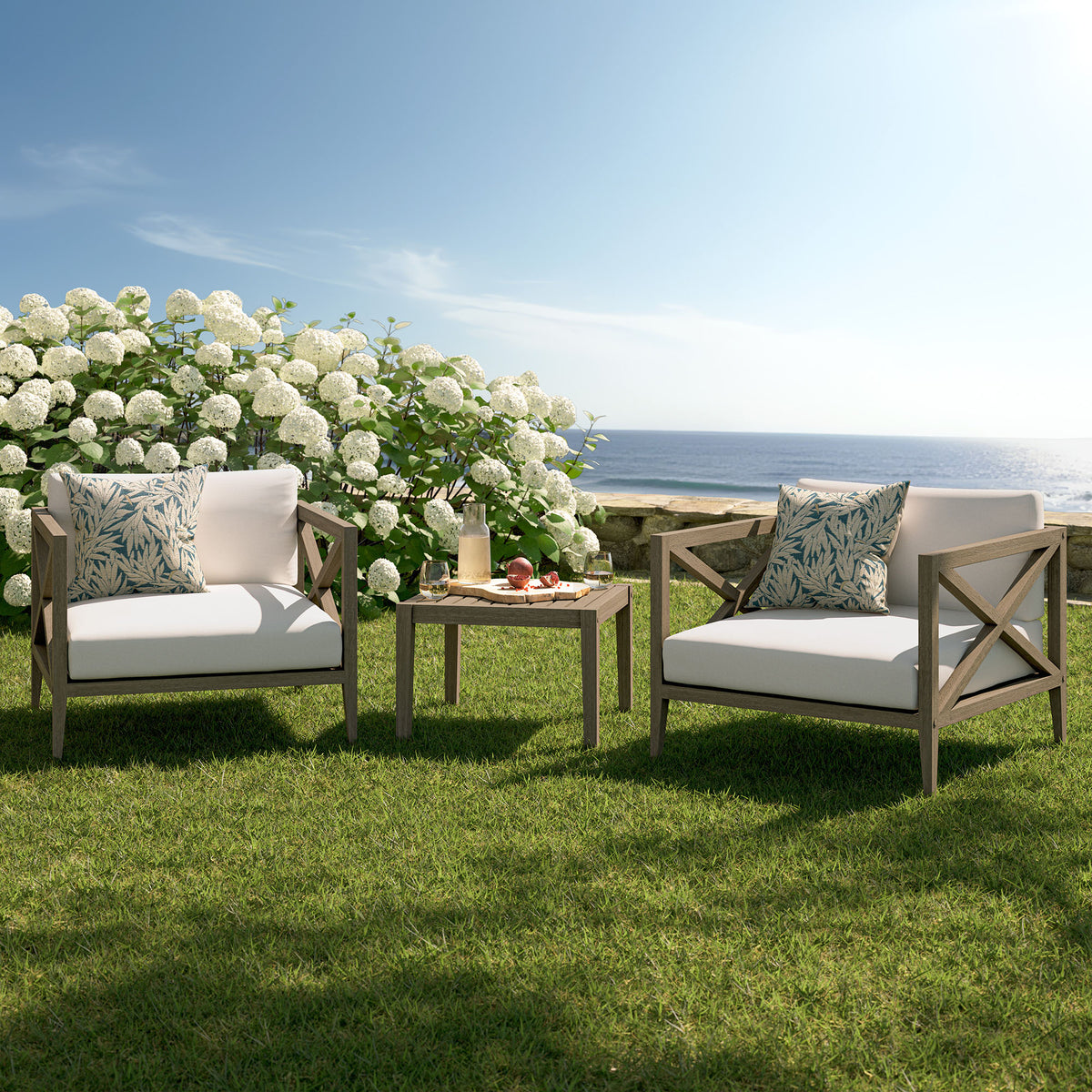 Northlake 3-Piece Outdoor Patio Teak Wood Furniture Set with Armchair and Side Table - Weathered Gray White