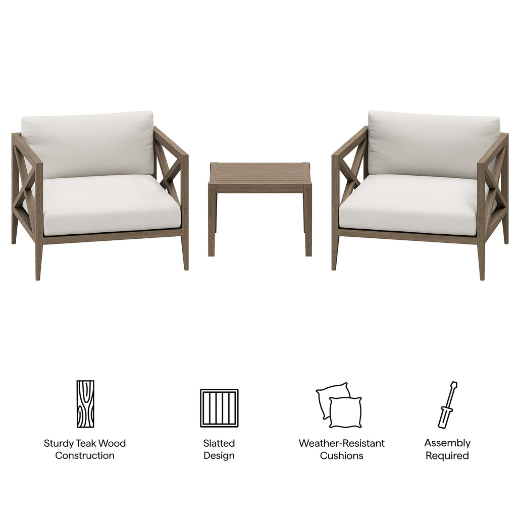 Northlake 3-Piece Outdoor Patio Teak Wood Furniture Set with Armchair and Side Table - Weathered Gray White