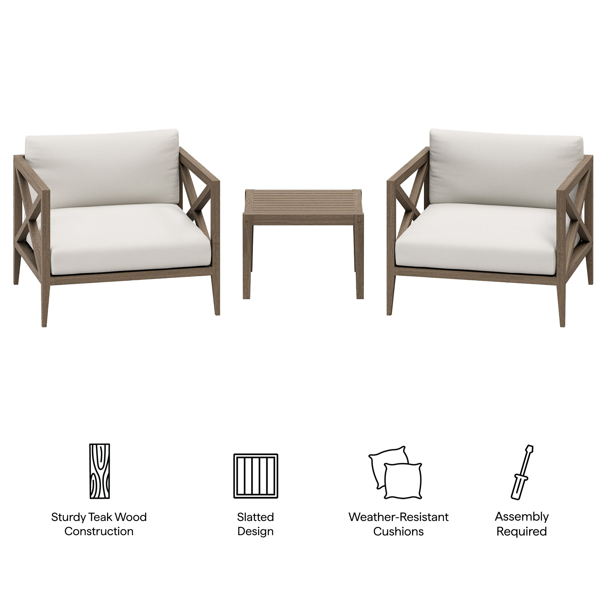 Northlake 3-Piece Outdoor Patio Teak Wood Furniture Set with Armchair and Side Table - Weathered Gray White
