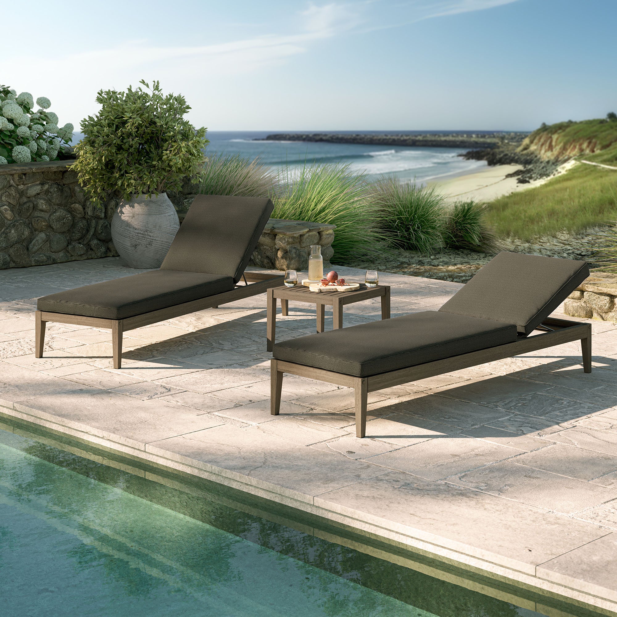 Northlake 3-Piece Outdoor Patio Teak Wood Furniture Set with Chaise Lounges and Side Table - Weathered Gray Flint