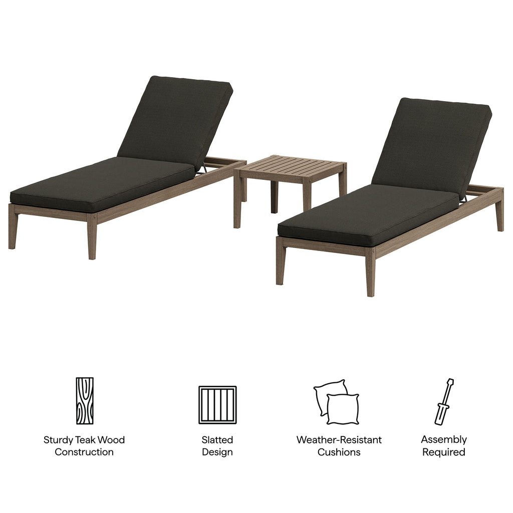 Northlake 3-Piece Outdoor Patio Teak Wood Furniture Set with Chaise Lounges and Side Table - Weathered Gray Flint