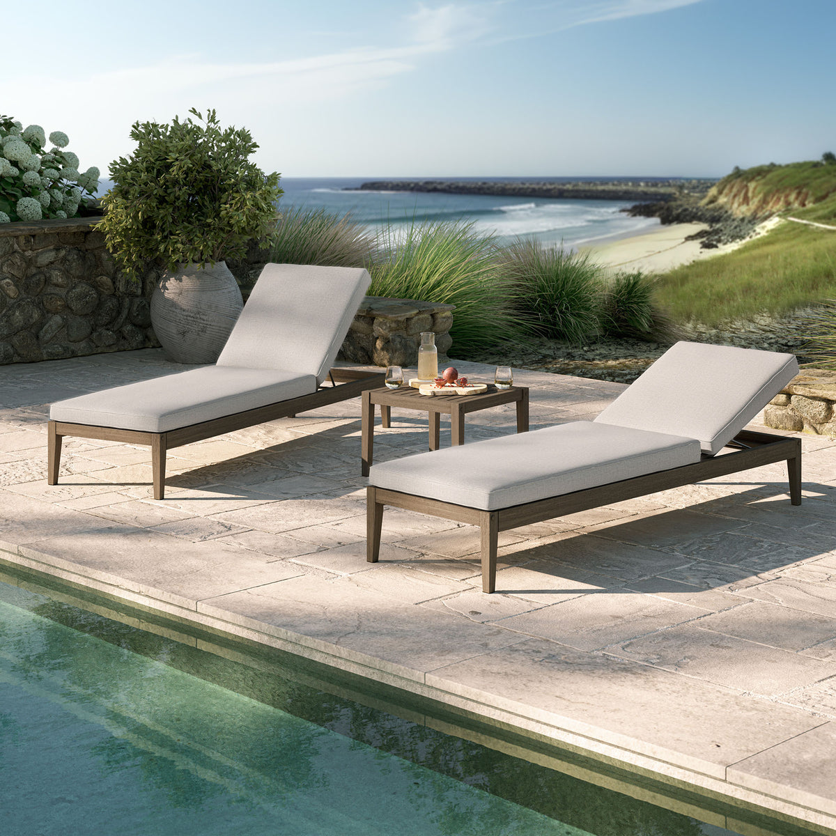 Northlake 3-Piece Outdoor Patio Teak Wood Furniture Set with Chaise Lounges and Side Table - Weathered Gray Pebble