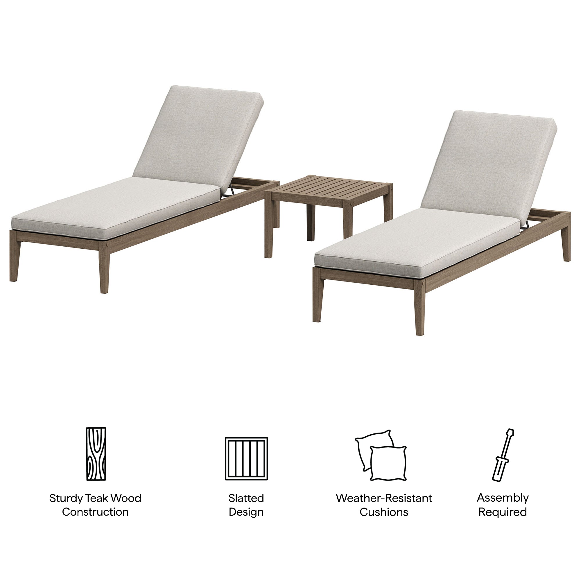 Northlake 3-Piece Outdoor Patio Teak Wood Furniture Set with Chaise Lounges and Side Table - Weathered Gray Pebble