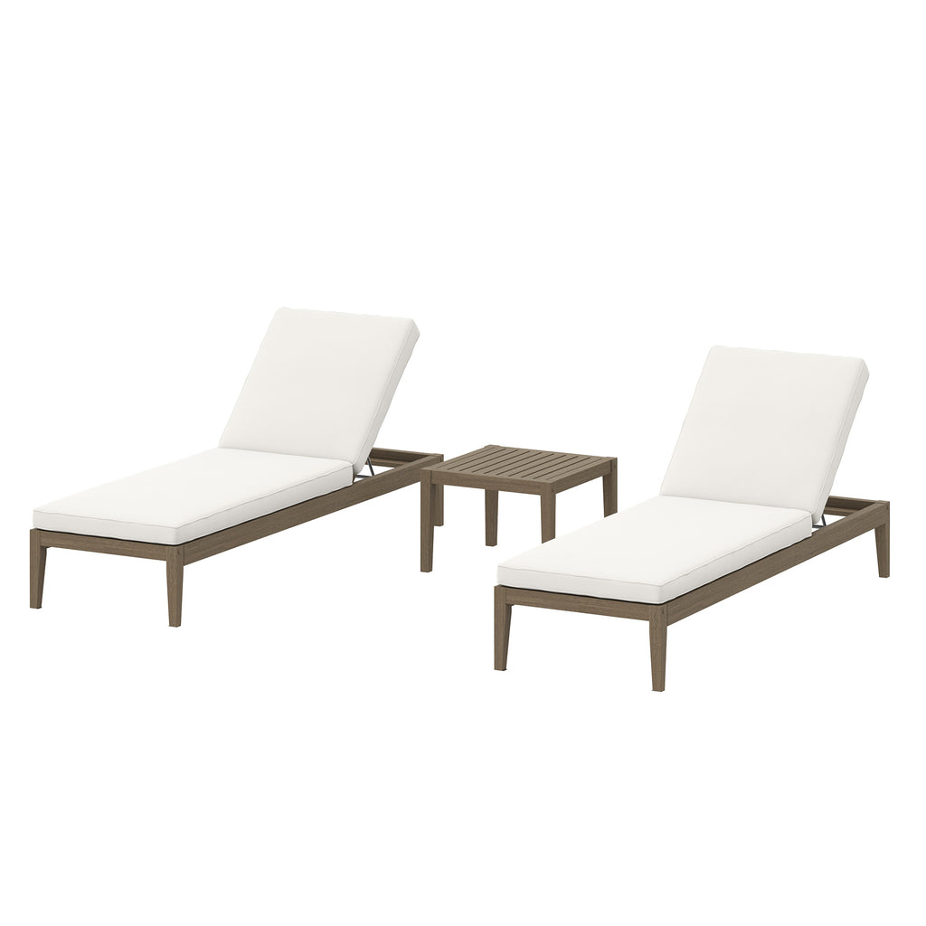 Northlake 3-Piece Outdoor Patio Teak Wood Furniture Set with Chaise Lounges and Side Table - Weathered Gray White
