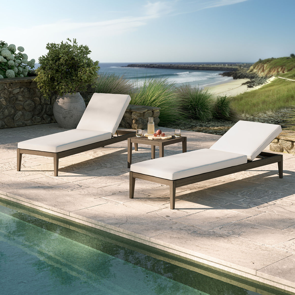 Northlake 3-Piece Outdoor Patio Teak Wood Furniture Set with Chaise Lounges and Side Table - Weathered Gray White