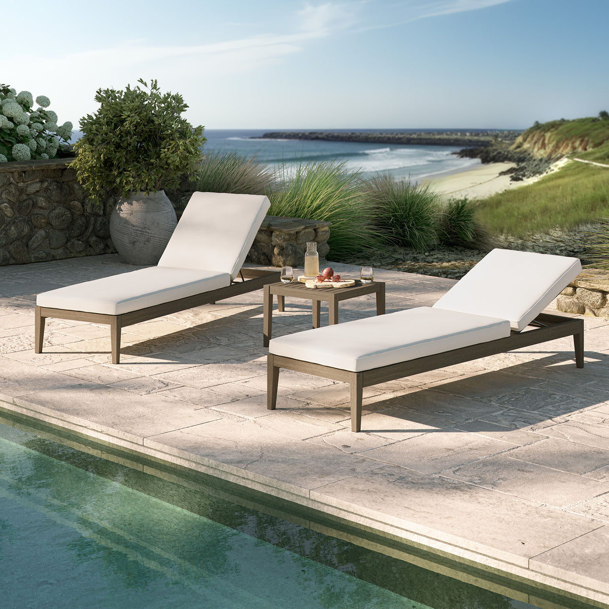 Northlake 3-Piece Outdoor Patio Teak Wood Furniture Set with Chaise Lounges and Side Table - Weathered Gray White