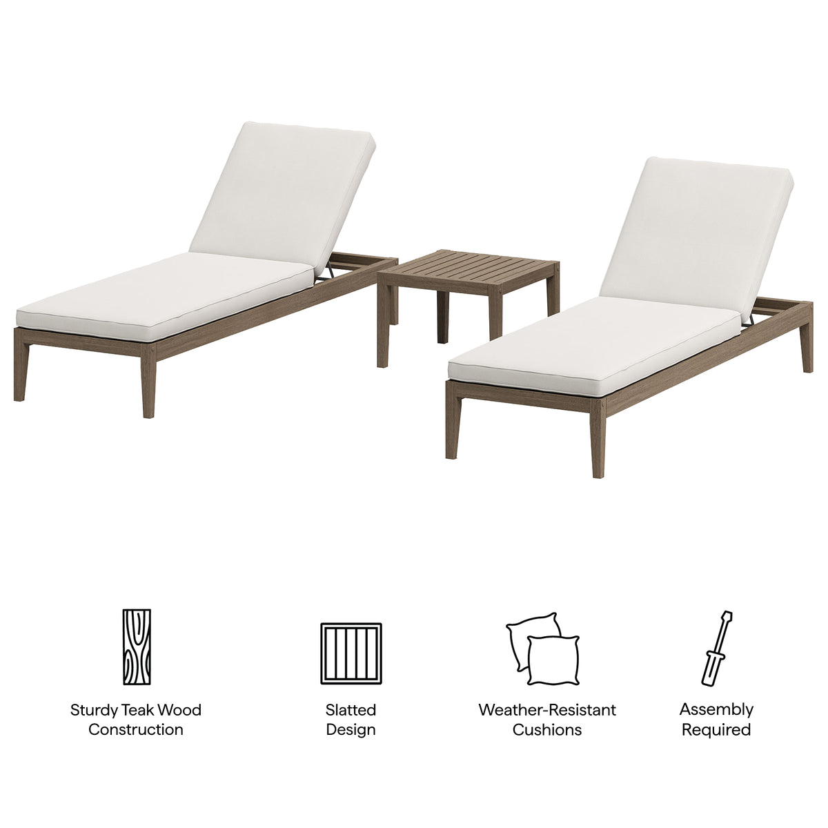 Northlake 3-Piece Outdoor Patio Teak Wood Furniture Set with Chaise Lounges and Side Table - Weathered Gray White
