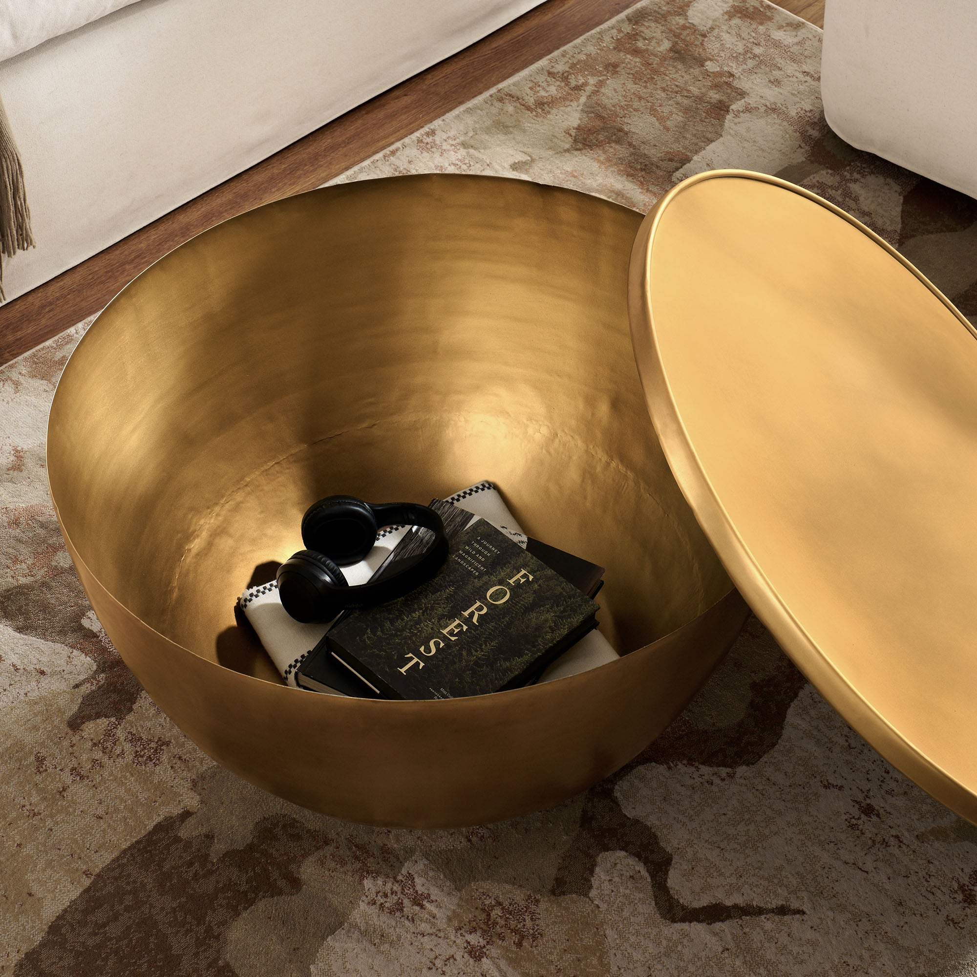 Viora 32 Inch Metal Storage Coffee Table - Burnished Brass
