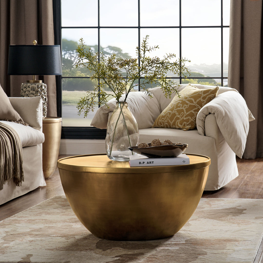 Viora 32 Inch Metal Storage Coffee Table - Burnished Brass