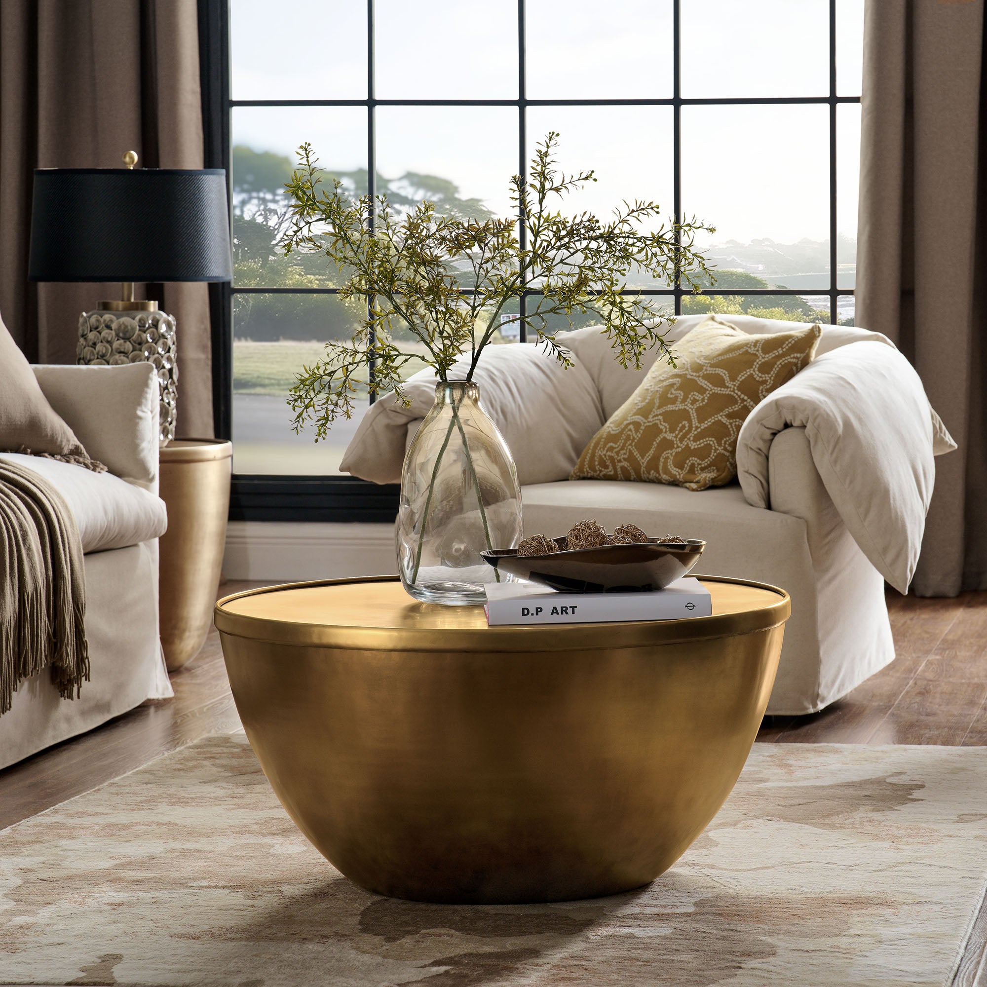 Viora 32 Inch Metal Storage Coffee Table - Burnished Brass