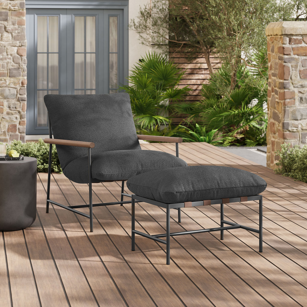 Raya Outdoor Patio Boucle Lounge Chair and Ottoman - Charcoal