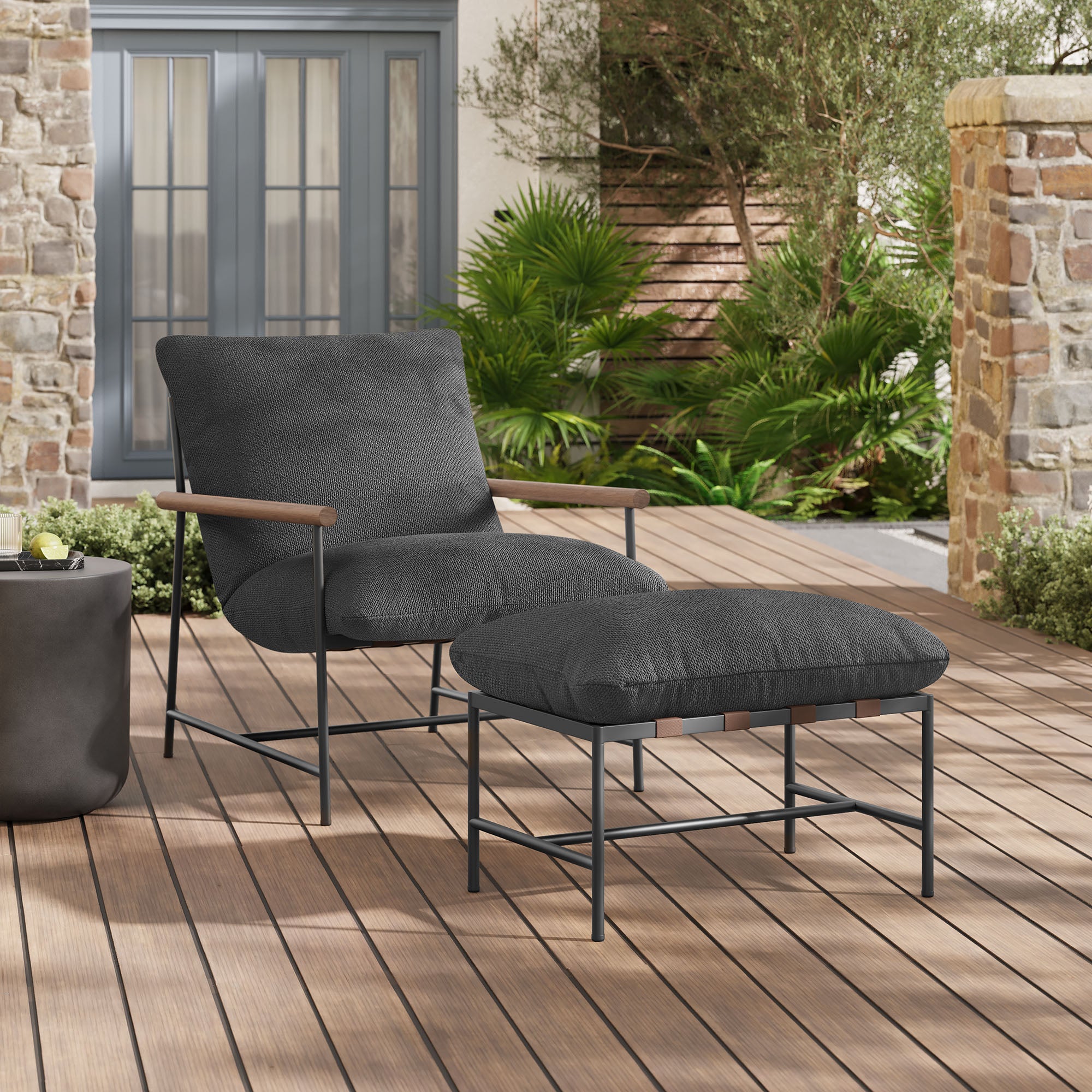 Raya Outdoor Patio Boucle Lounge Chair and Ottoman - Charcoal