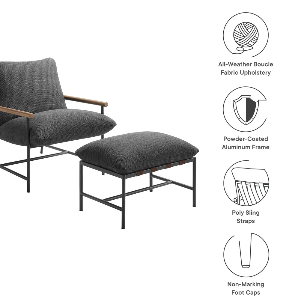Raya Outdoor Patio Boucle Lounge Chair and Ottoman - Charcoal