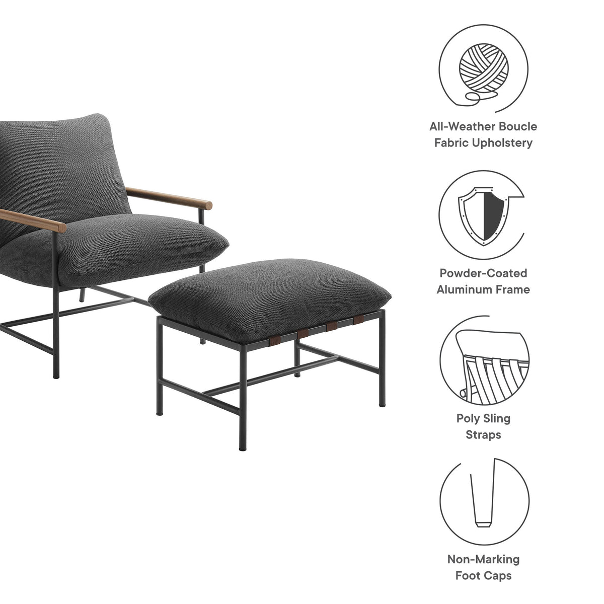 Raya Outdoor Patio Boucle Lounge Chair and Ottoman - Charcoal