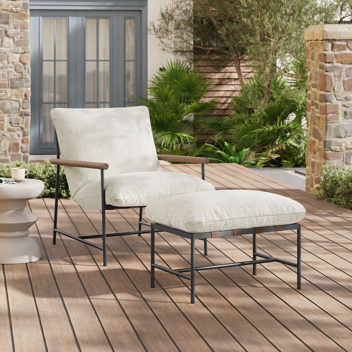 Raya Outdoor Patio Boucle Lounge Chair and Ottoman - Ivory