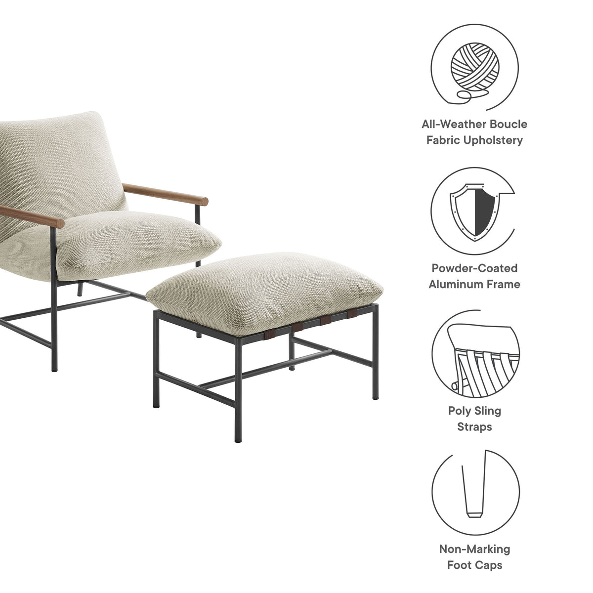 Raya Outdoor Patio Boucle Lounge Chair and Ottoman - Ivory