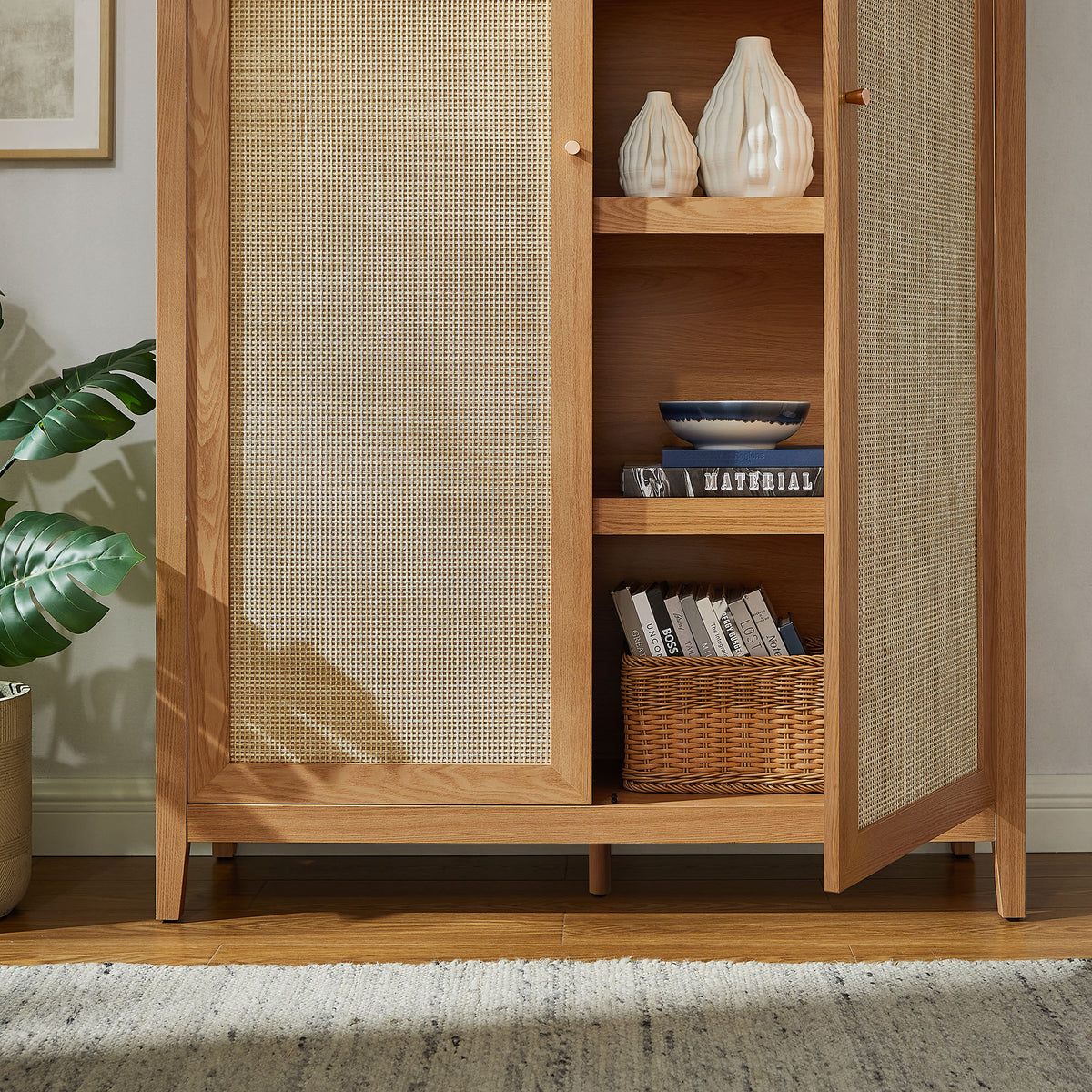 Calista 79" Tall Wide Rattan Arched Storage Cabinet - Natural