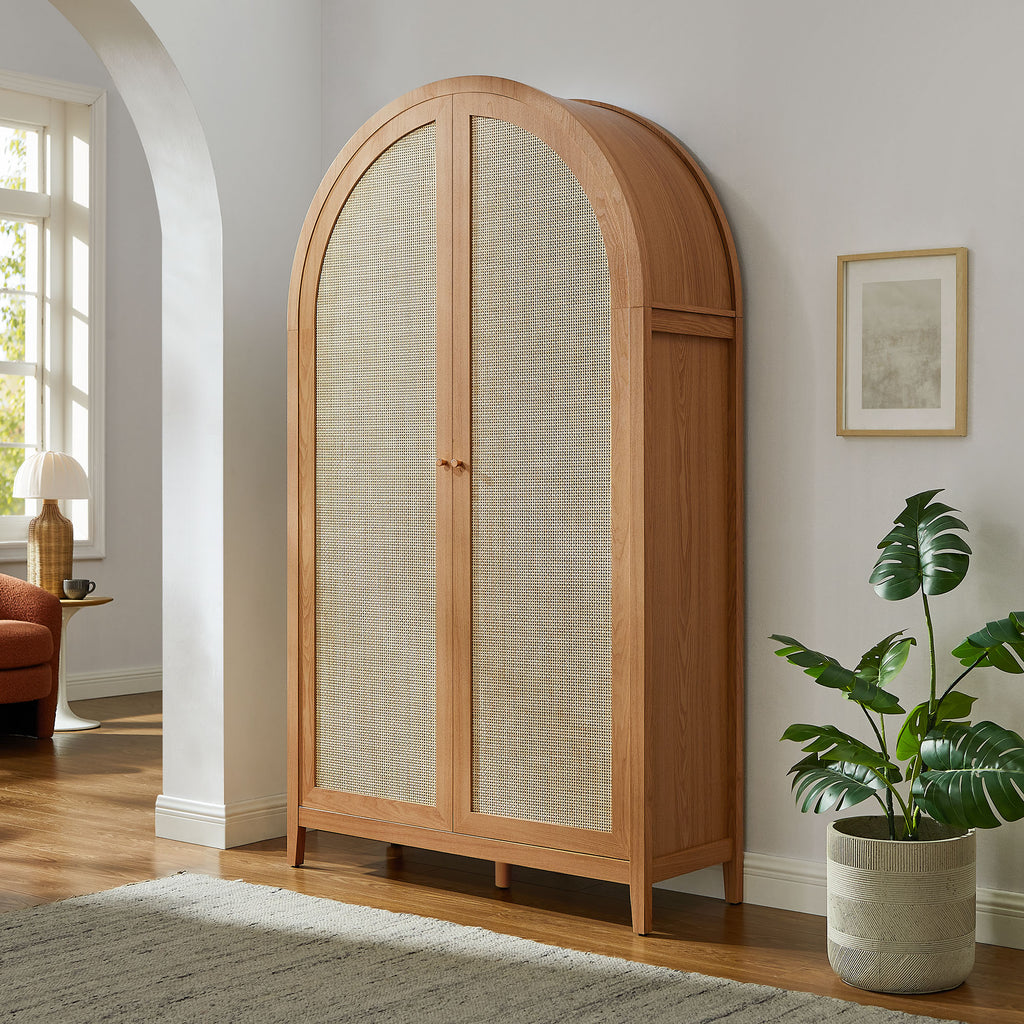 Calista 79" Tall Wide Rattan Arched Storage Cabinet - Natural