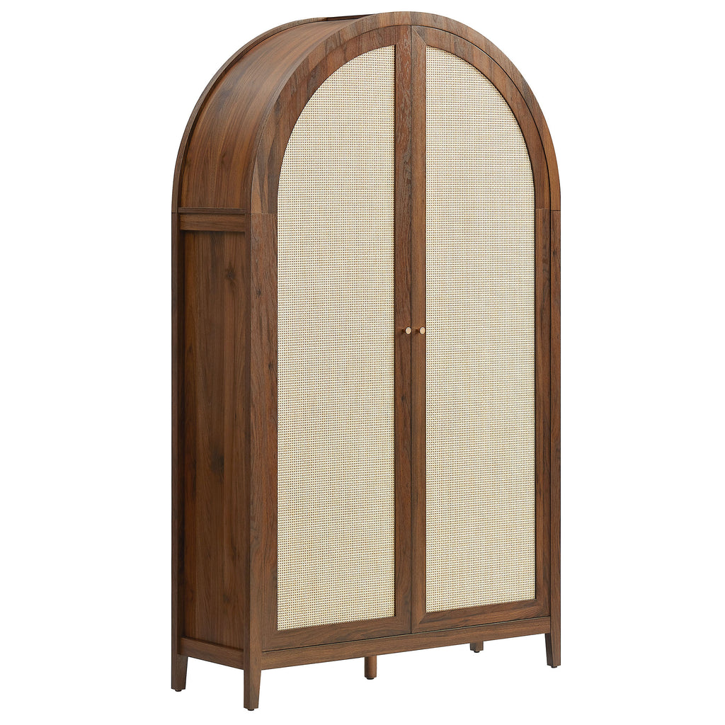 Calista 79" Tall Wide Rattan Arched Storage Cabinet - Walnut