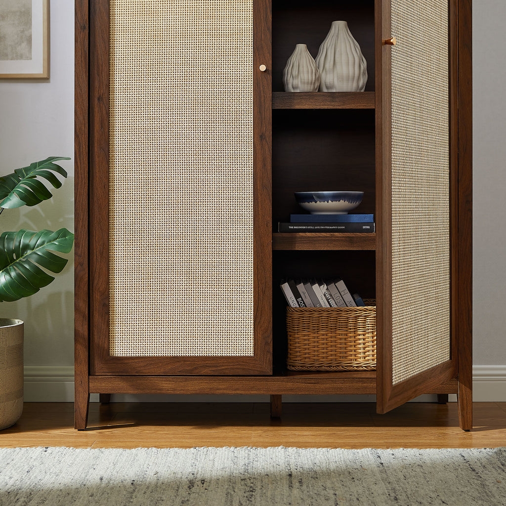 Calista 79" Tall Wide Rattan Arched Storage Cabinet - Walnut