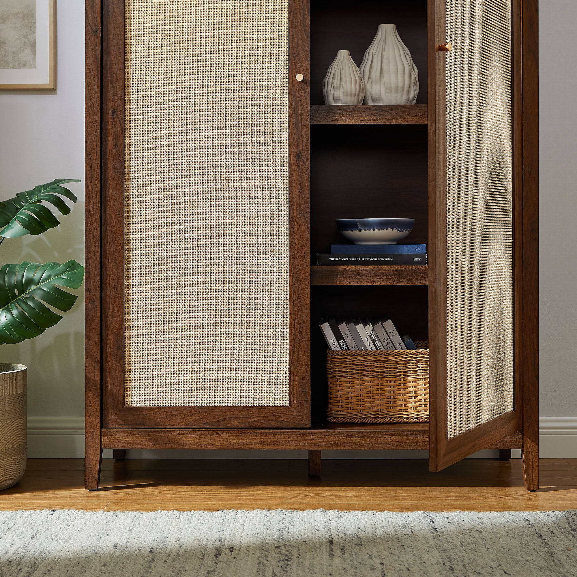 Calista 79" Tall Wide Rattan Arched Storage Cabinet - Walnut