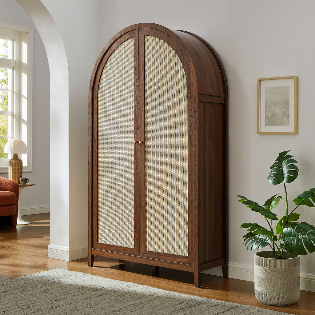 Calista 79" Tall Wide Rattan Arched Storage Cabinet - Walnut