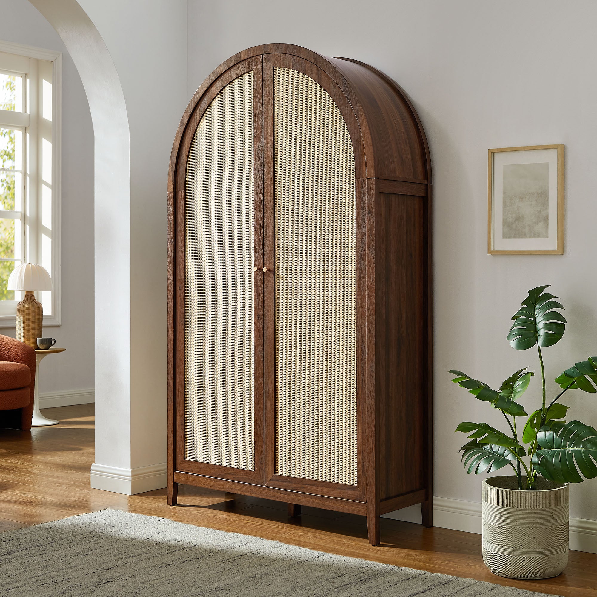 Calista 79" Tall Wide Rattan Arched Storage Cabinet - Walnut