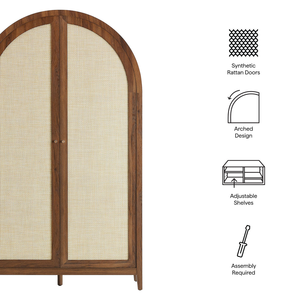 Calista 79" Tall Wide Rattan Arched Storage Cabinet - Walnut