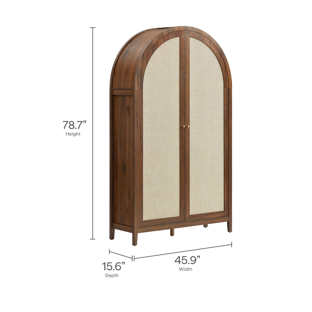 Calista 79" Tall Wide Rattan Arched Storage Cabinet - Walnut