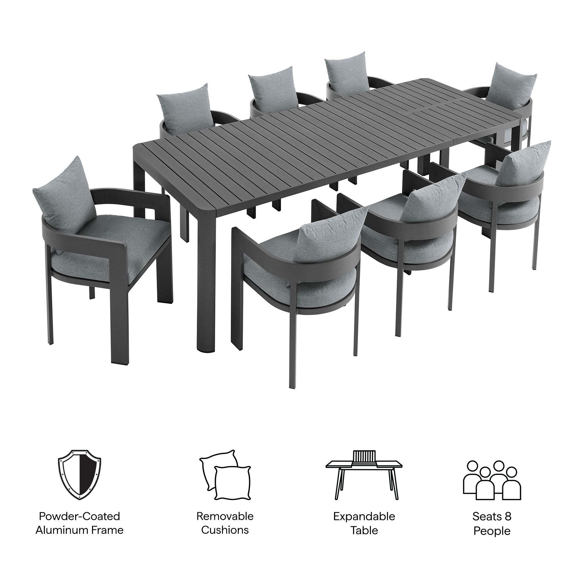 Tahoe 9-Piece Outdoor Patio Aluminum Dining Set With Extendable Table - Gray Gray