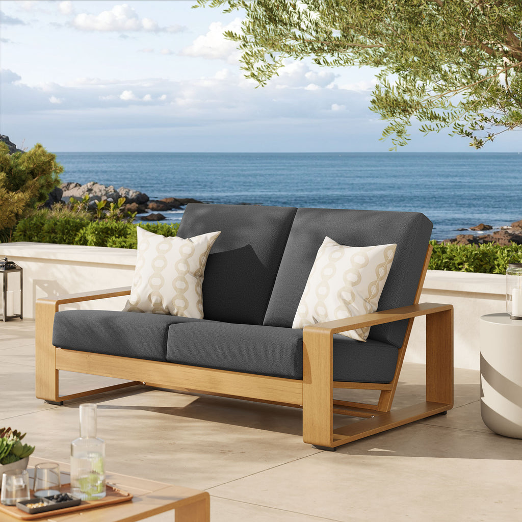 Lirienne Outdoor Patio Aluminum Faux Wood Loveseat - Charcoal Natural