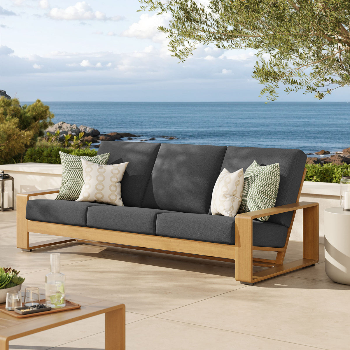 Lirienne Outdoor Patio Aluminum Faux Wood Sofa - Charcoal Natural
