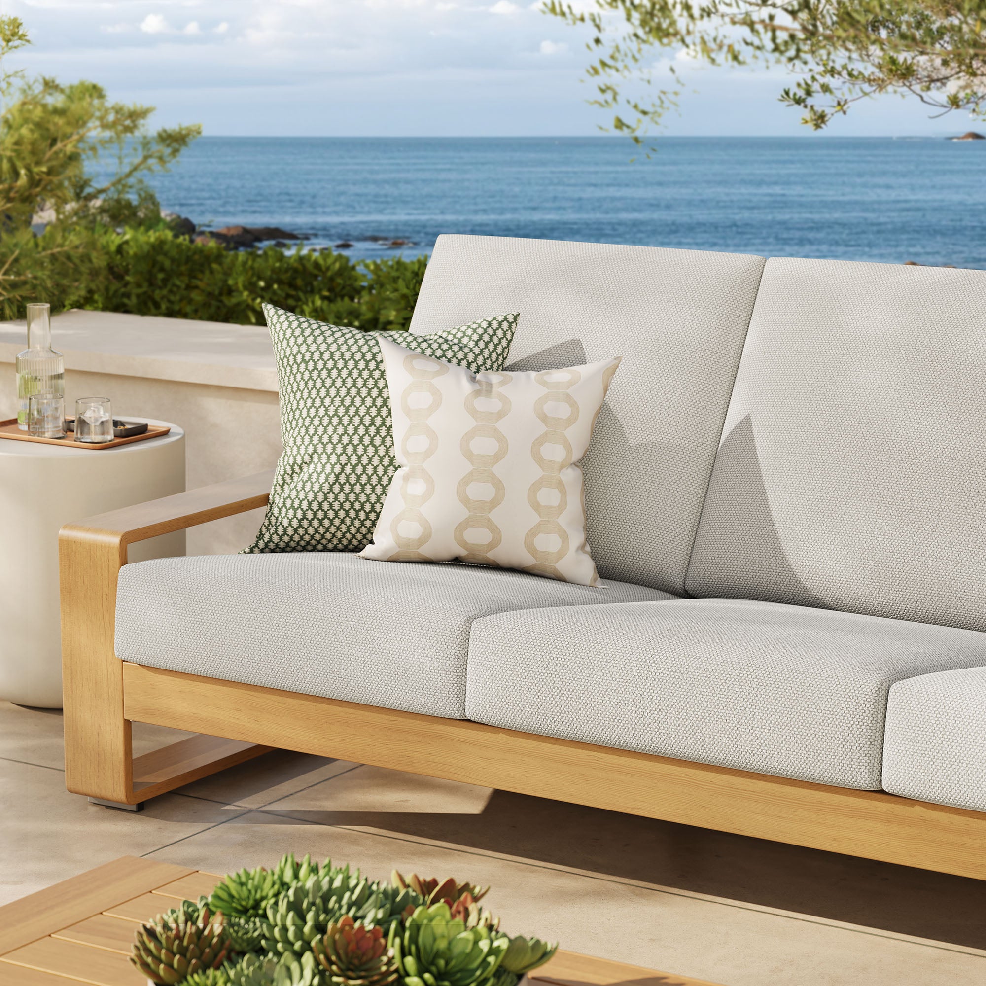 Lirienne Outdoor Patio Aluminum Faux Wood Sofa - Ivory Natural