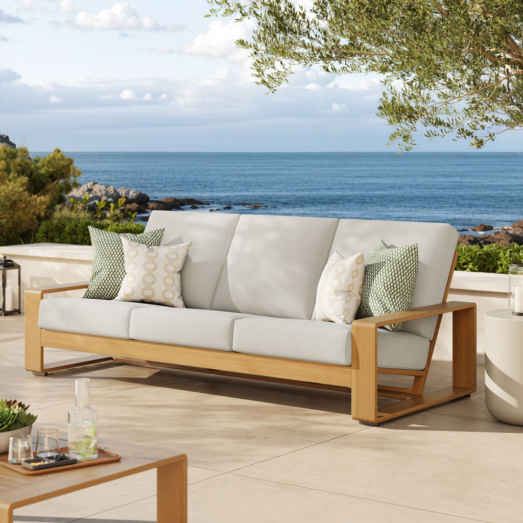 Lirienne Outdoor Patio Aluminum Faux Wood Sofa - Ivory Natural