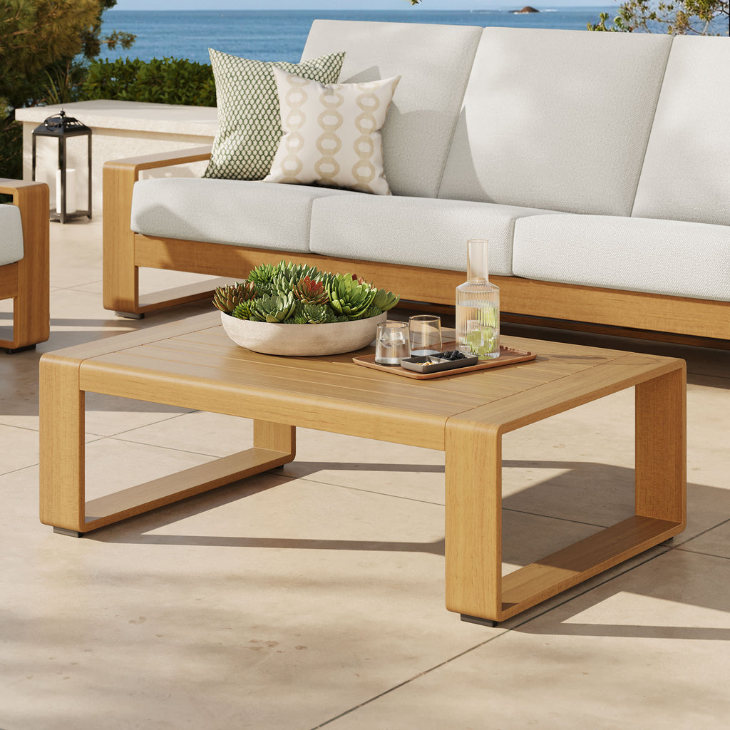 Lirienne Outdoor Patio Aluminum Faux Wood Coffee Table - Natural